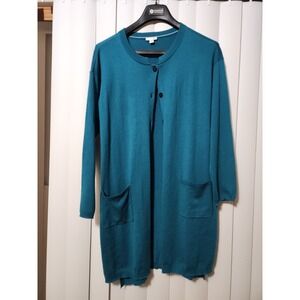 J Jill Wool Cardigan Long Duster Button Pockets Soft‎ Lightweight Teal Large